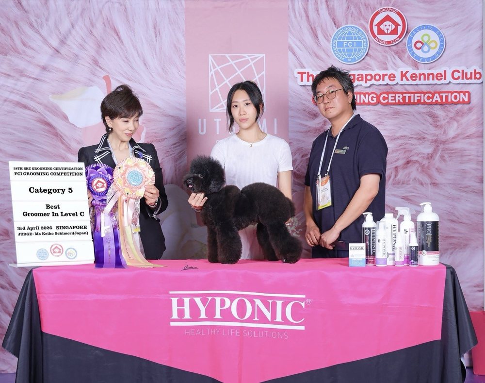 Yun Qi receiving the Best Groomer in Level C award at the 38th Singapore Kennel Club Grooming Certification and FCI Grooming Competition